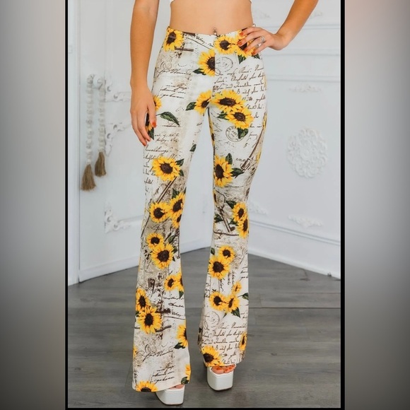 Pants - Floral Sunflower Print Flare Pants